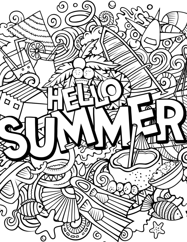 Vibrant coloring page with 'Hello Summer' text and various summer-themed illustrations for kids