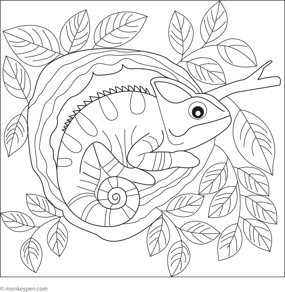 Detailed chameleon resting in a tree hollow, ideal for adult coloring