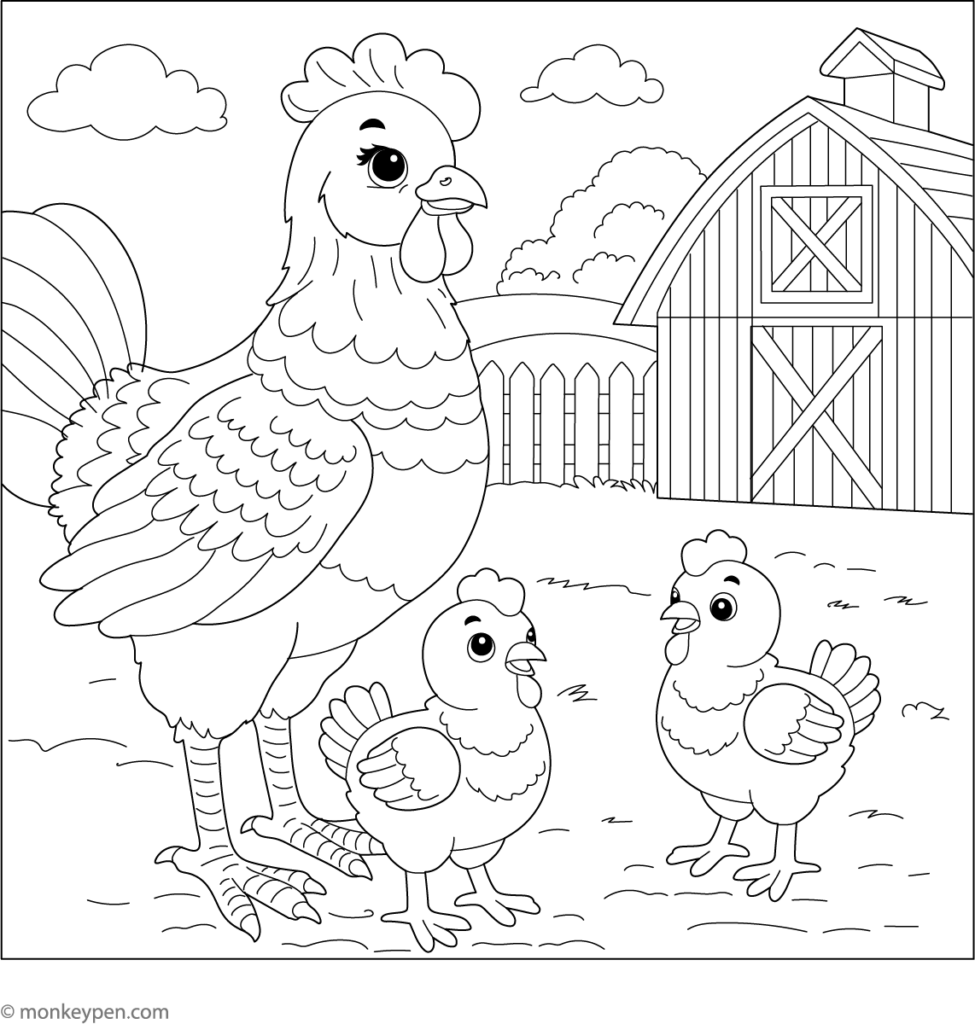 Chicken Family on a Farm Coloring Page A chicken family with a hen and two chicks in front of a barn
