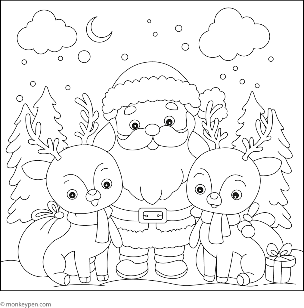 Childrens Christmas Pictures To Colour – Santa and Reindeer Coloring Page Free printable Childrens Christmas Pictures To Colour featuring Santa with two reindeer in a snowy scene