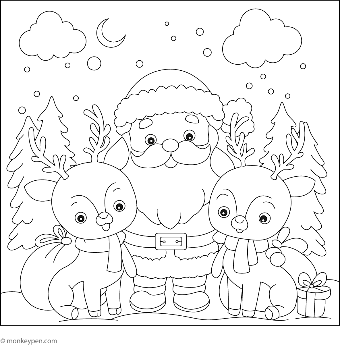 Free printable Childrens Christmas Pictures To Colour featuring Santa with two reindeer in a snowy scene