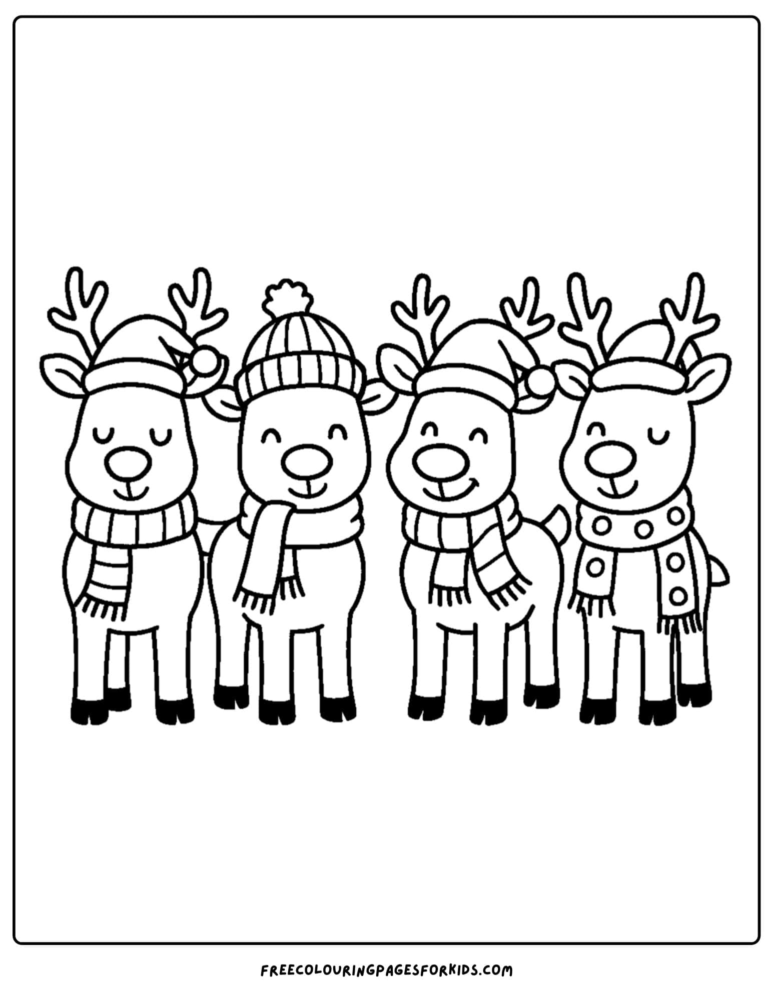 Adorable reindeer wearing hats and scarves in this Children's Coloring Pages Christmas printable