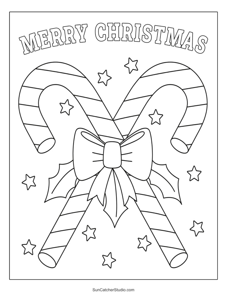 Coloring page featuring two candy canes tied with a bow and surrounded by stars
