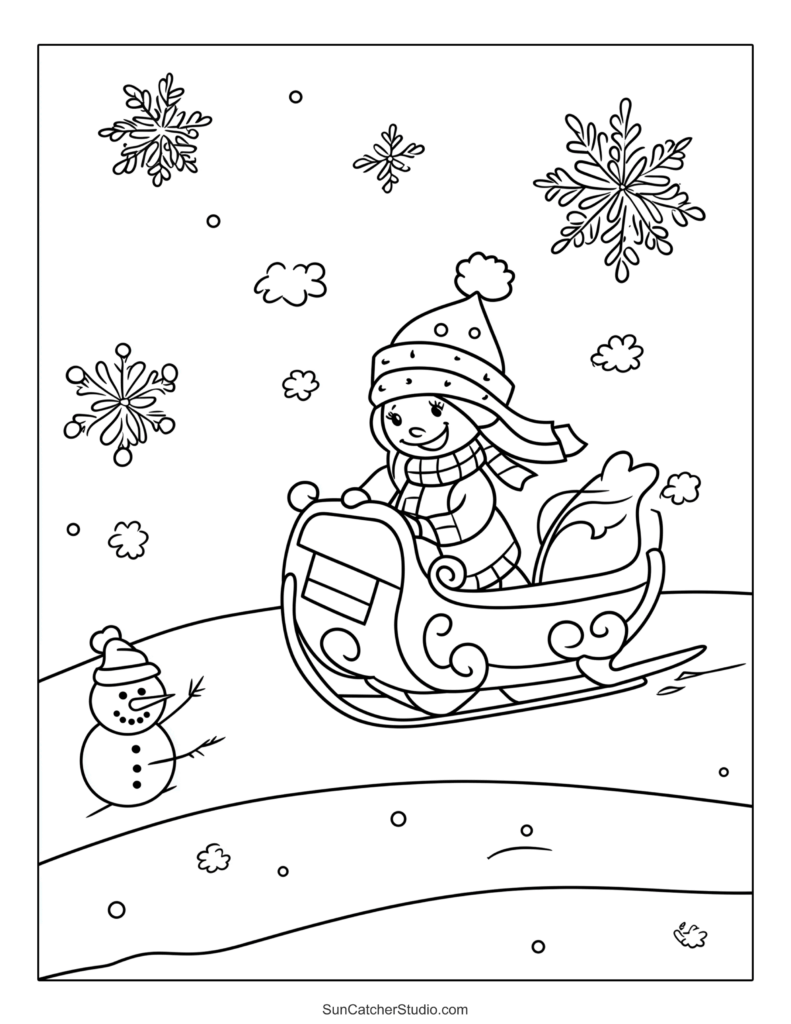 A child sledding in winter with snowflakes and a snowman