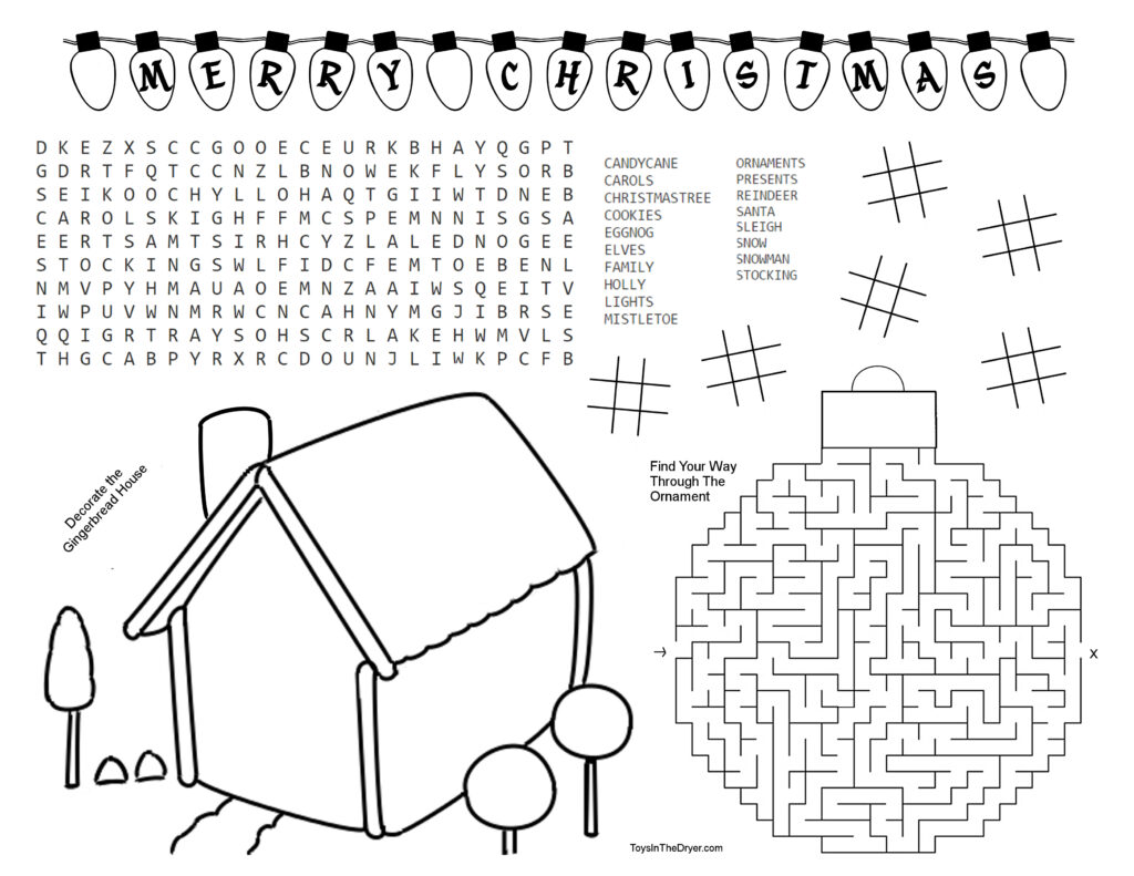 Christmas activity printable with a maze and word search for holiday fun