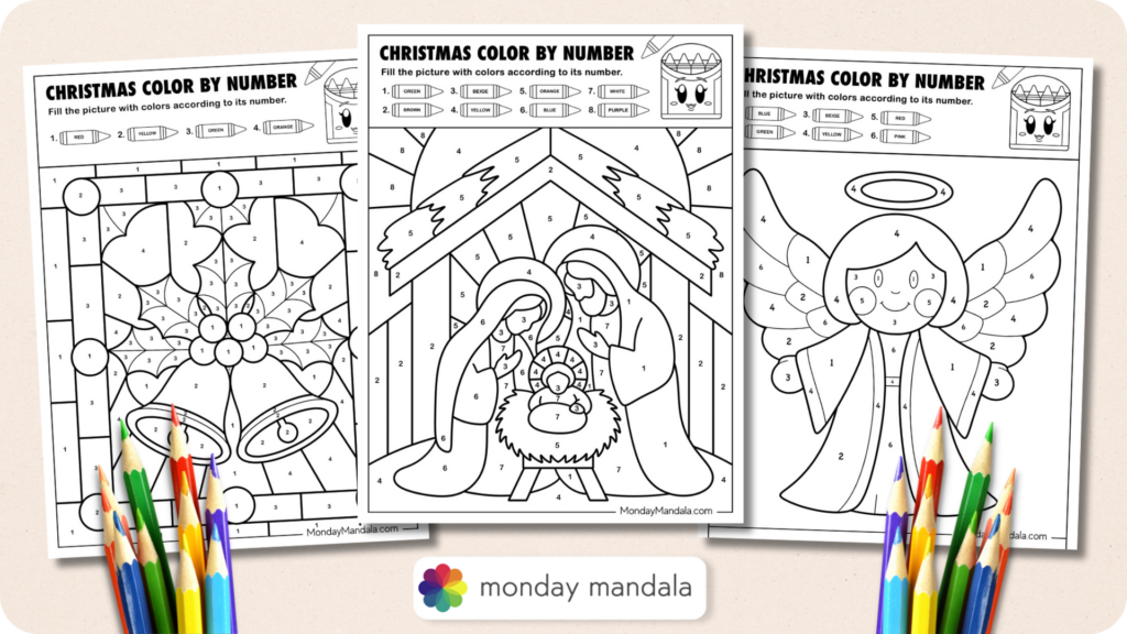 Printable Christmas color by number worksheet with nativity scene and festive characters