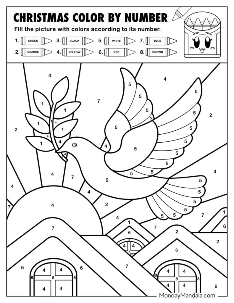 Color by number Christmas printable featuring a dove and holiday scenery