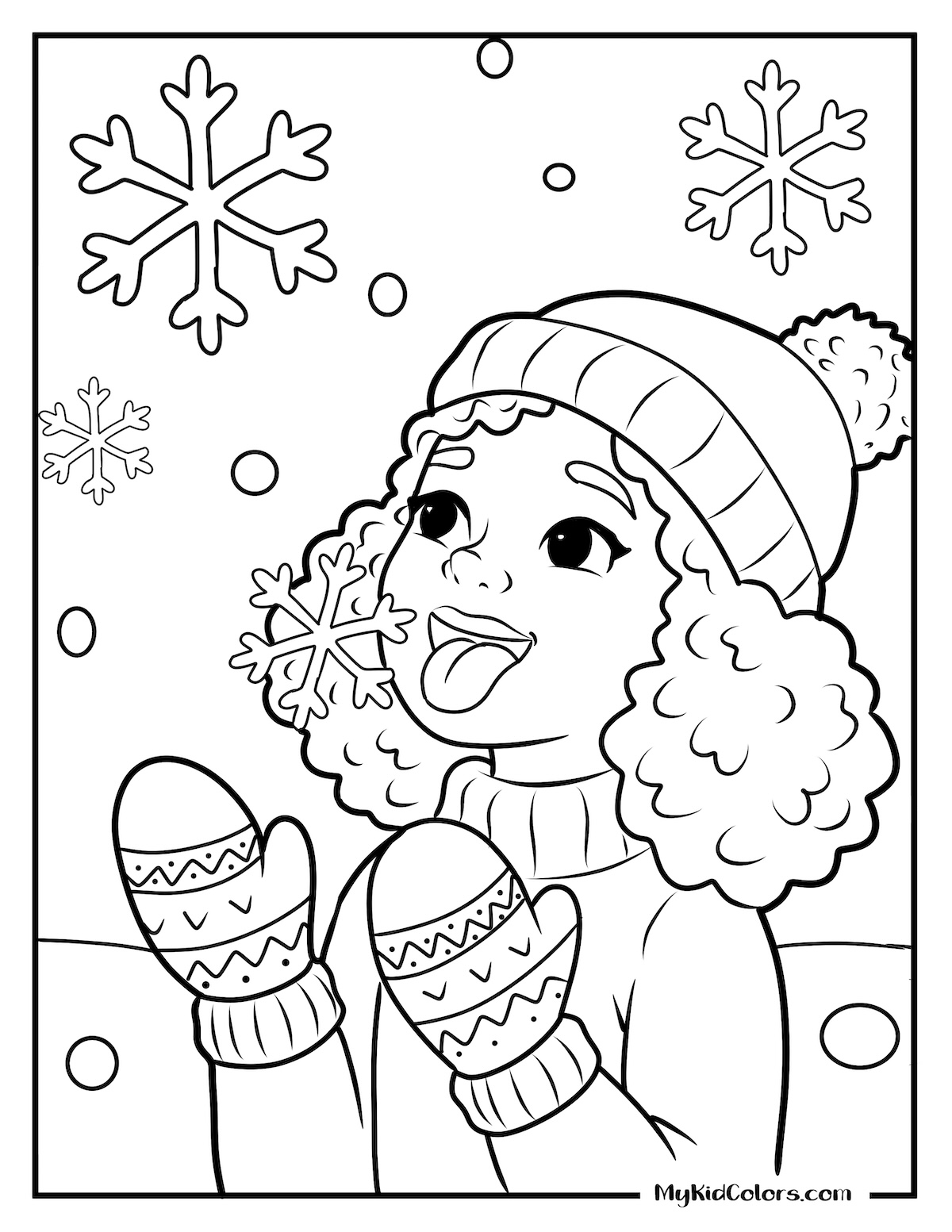 Free printable Christmas color pages for kindergarten featuring a child catching snowflakes