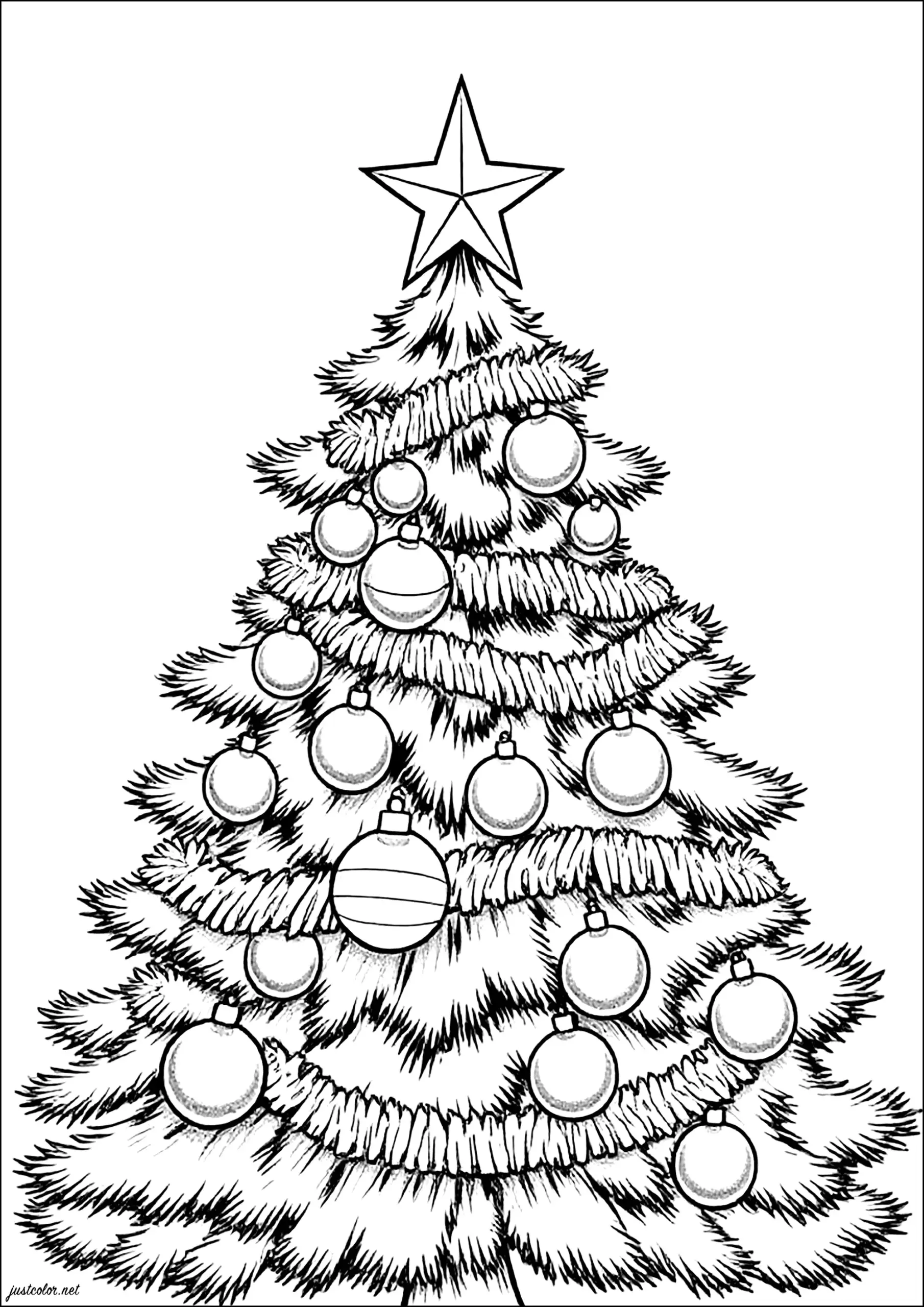 Free printable Christmas Color Sheets For Kindergarten featuring a decorated Christmas tree