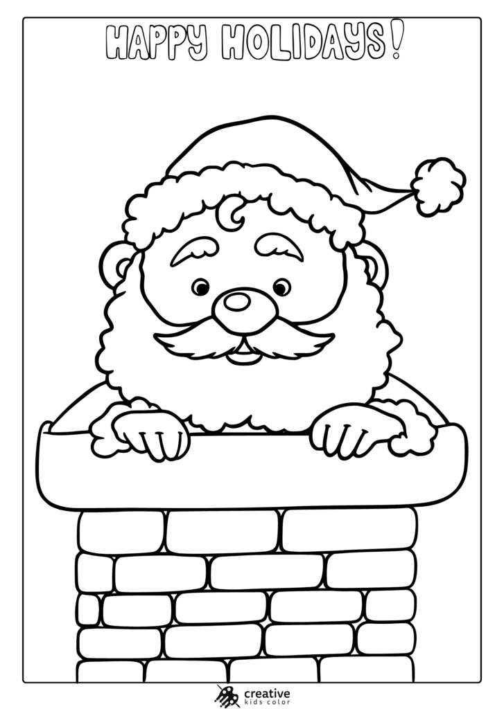 Happy Holidays Santa Coloring Page Jolly Santa Claus peeking over a chimney, ready for the holidays