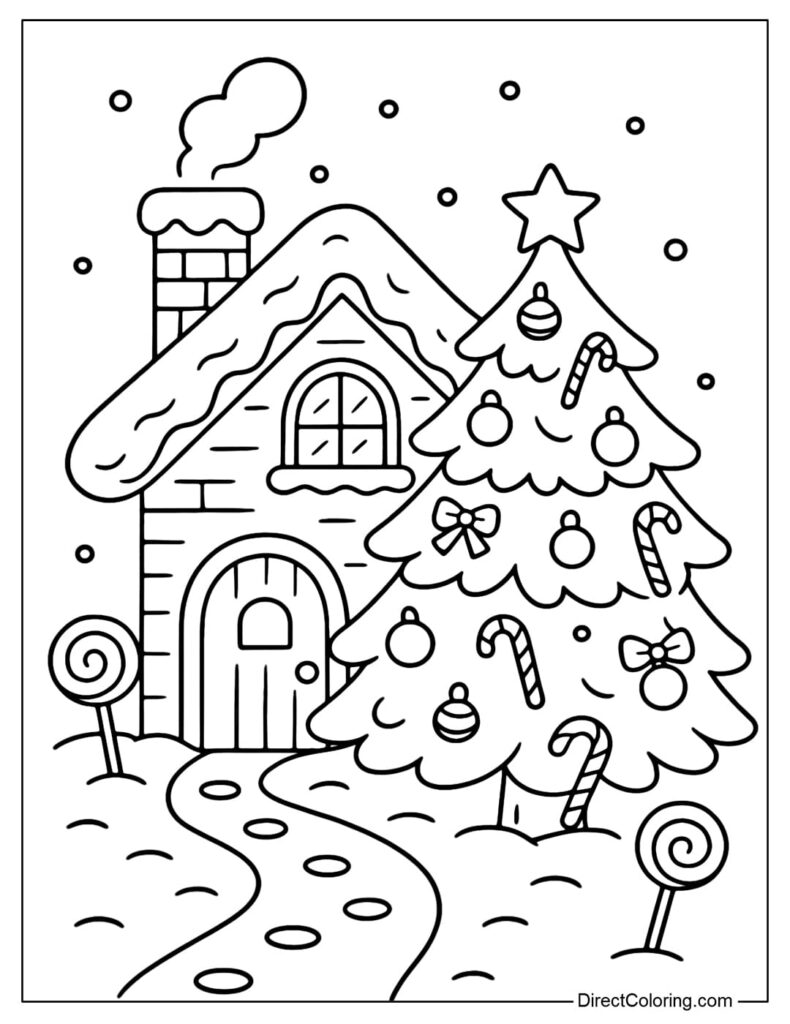 A cozy house with a decorated Christmas tree and snow for adults to color