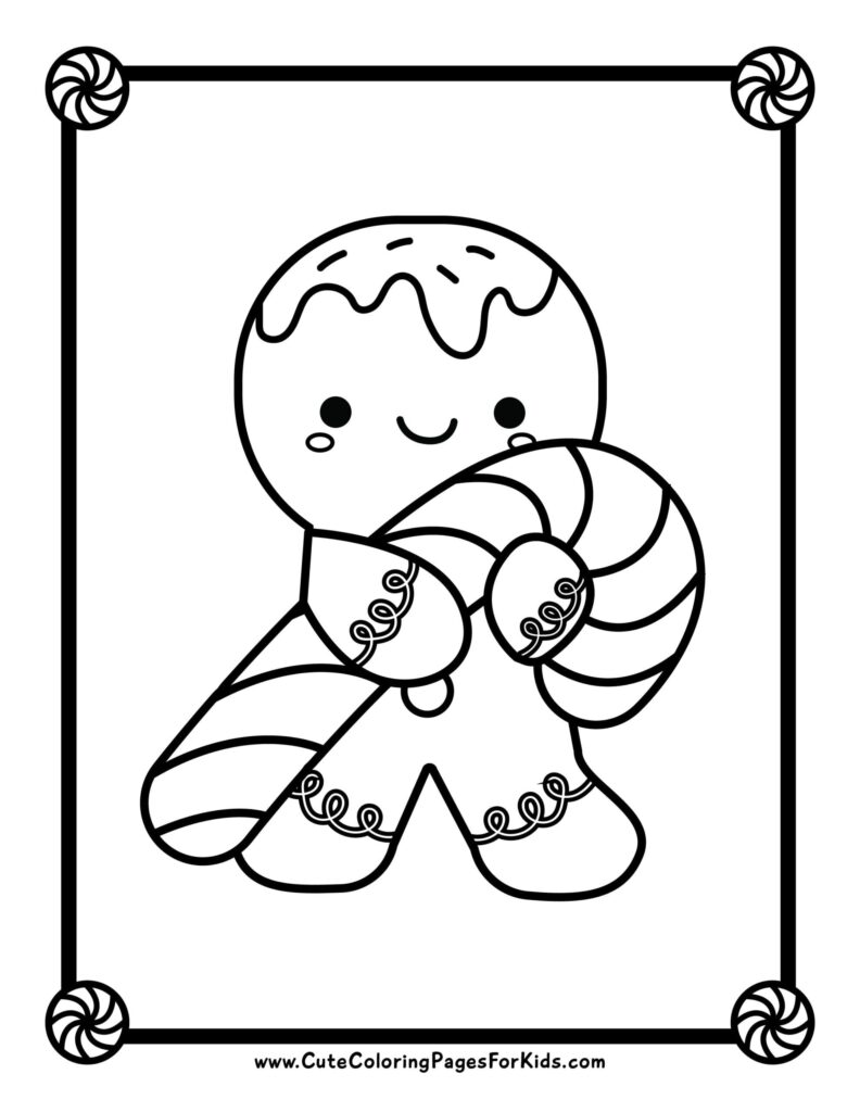 Cute Gingerbread Man Coloring Page for Kids A cute gingerbread man holding a candy cane, ready for coloring