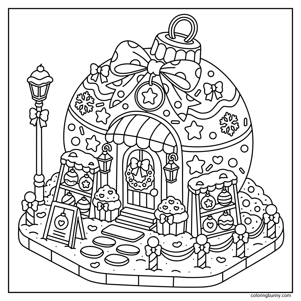 A whimsical gingerbread house with decorations and a festive bow for adults to color