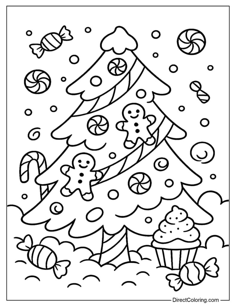 Christmas Coloring Pages – Gingerbread Tree with Candy Christmas coloring pages featuring a gingerbread tree decorated with candy and treats