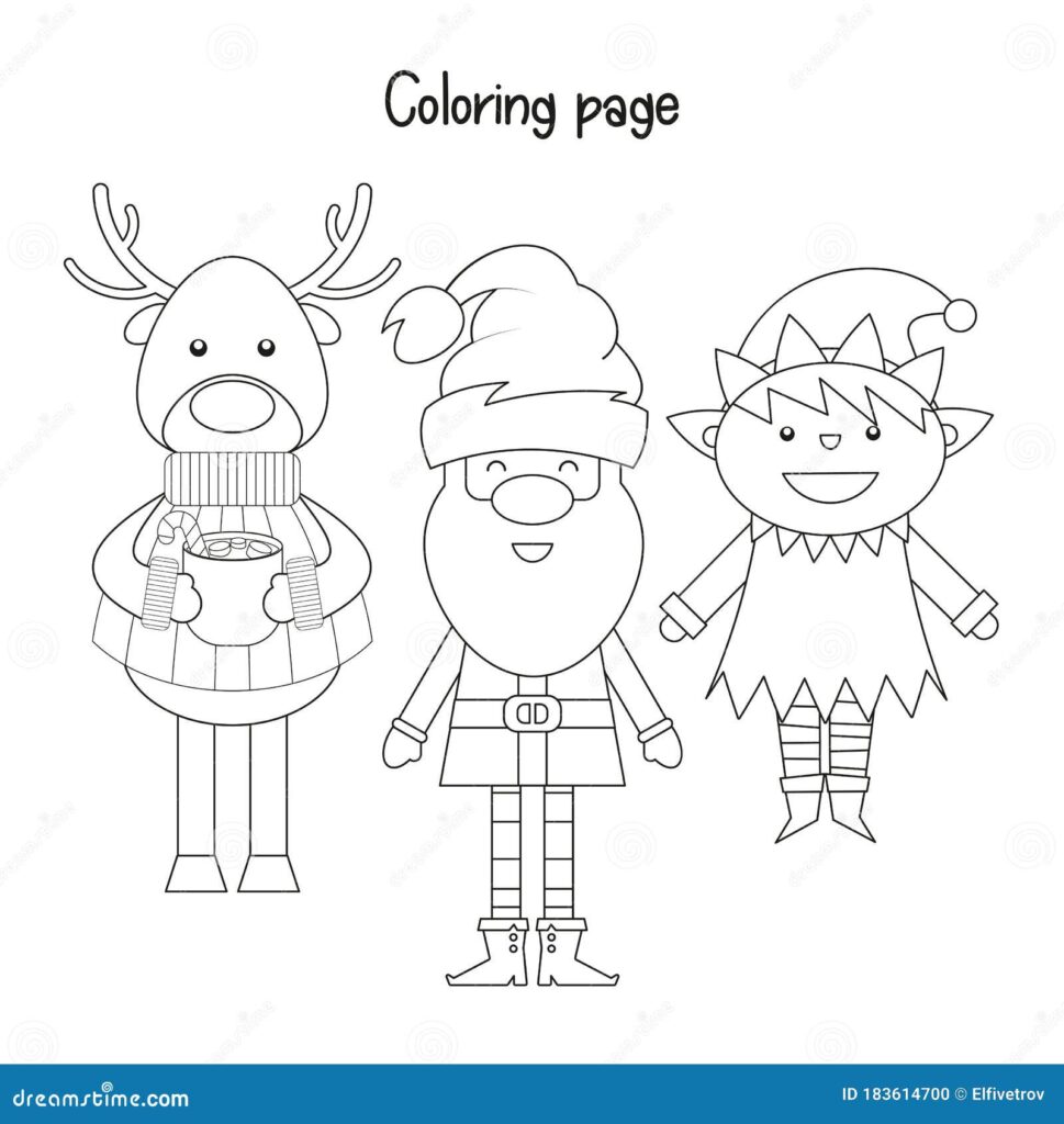 Christmas Coloring Pages For Preschool – Santa Claus, Reindeer, and Elf Fun Christmas Coloring Pages For Preschool featuring Santa Claus, a reindeer, and an elf for kids to color