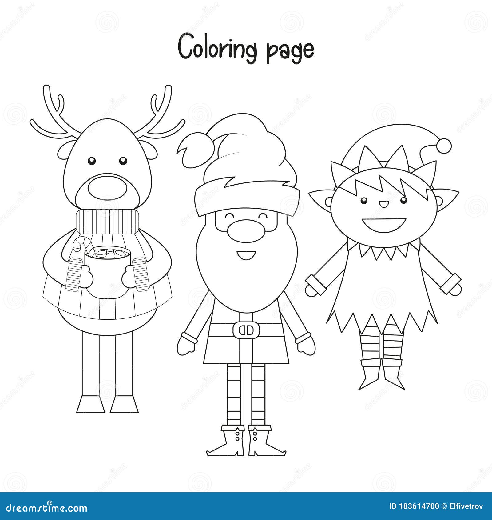 Fun Christmas Coloring Pages For Preschool featuring Santa Claus, a reindeer, and an elf for kids to color
