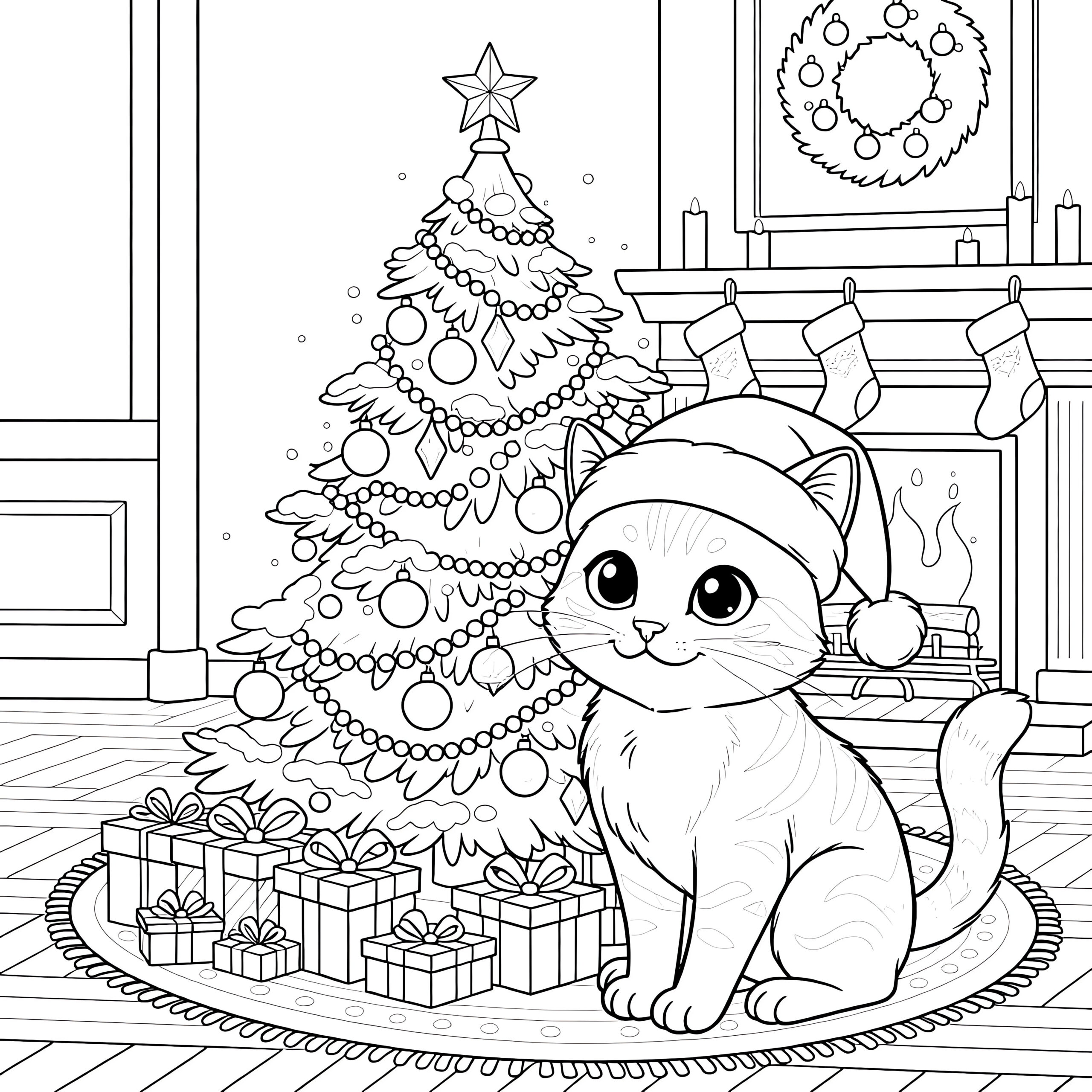 Cute cat wearing a Santa hat beside a decorated Christmas tree and gifts. Christmas Coloring Pages To Color Online