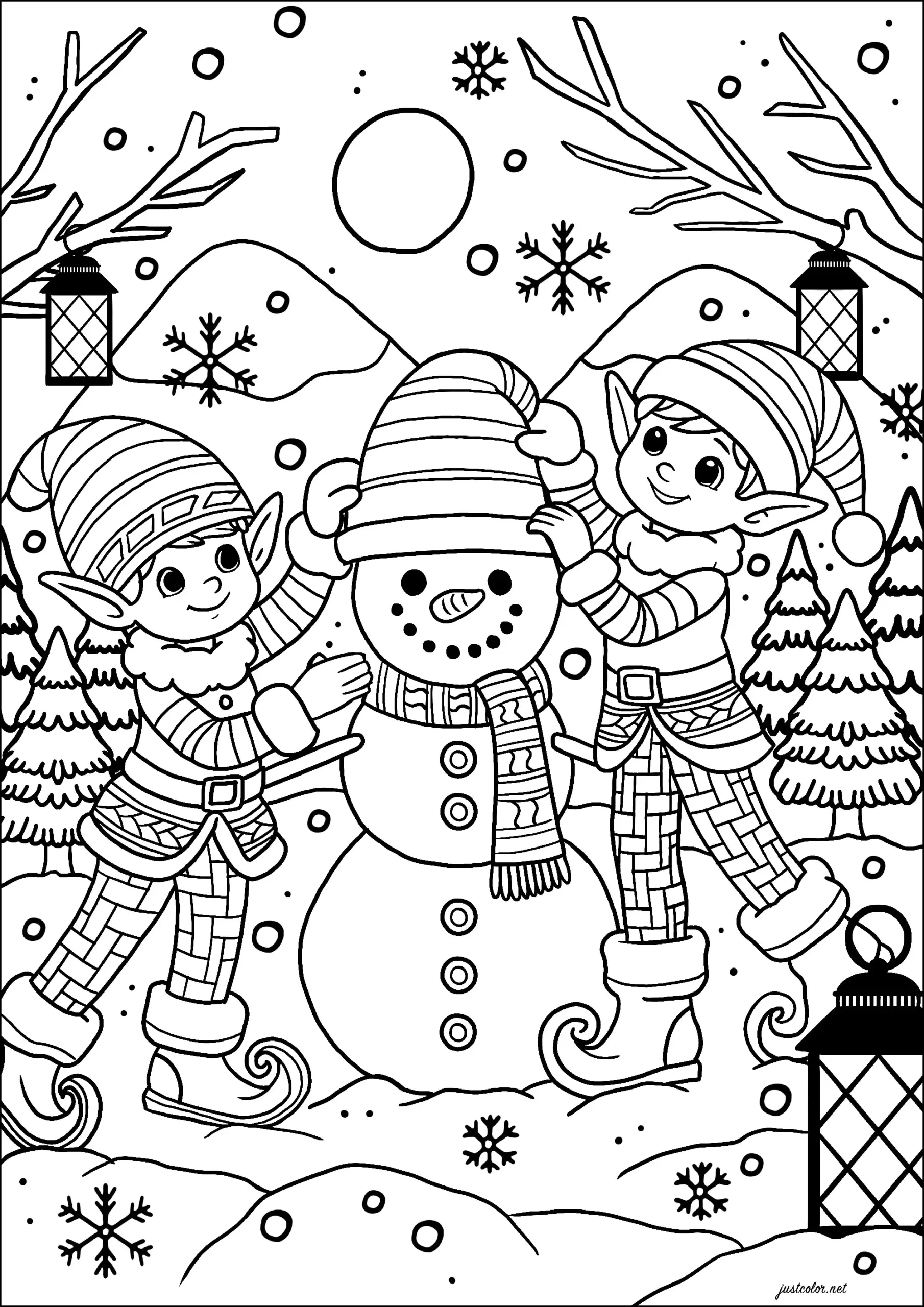 Two cheerful elves decorating a snowman in a snowy landscape, perfect for Christmas Coloring Pictures For Preschoolers