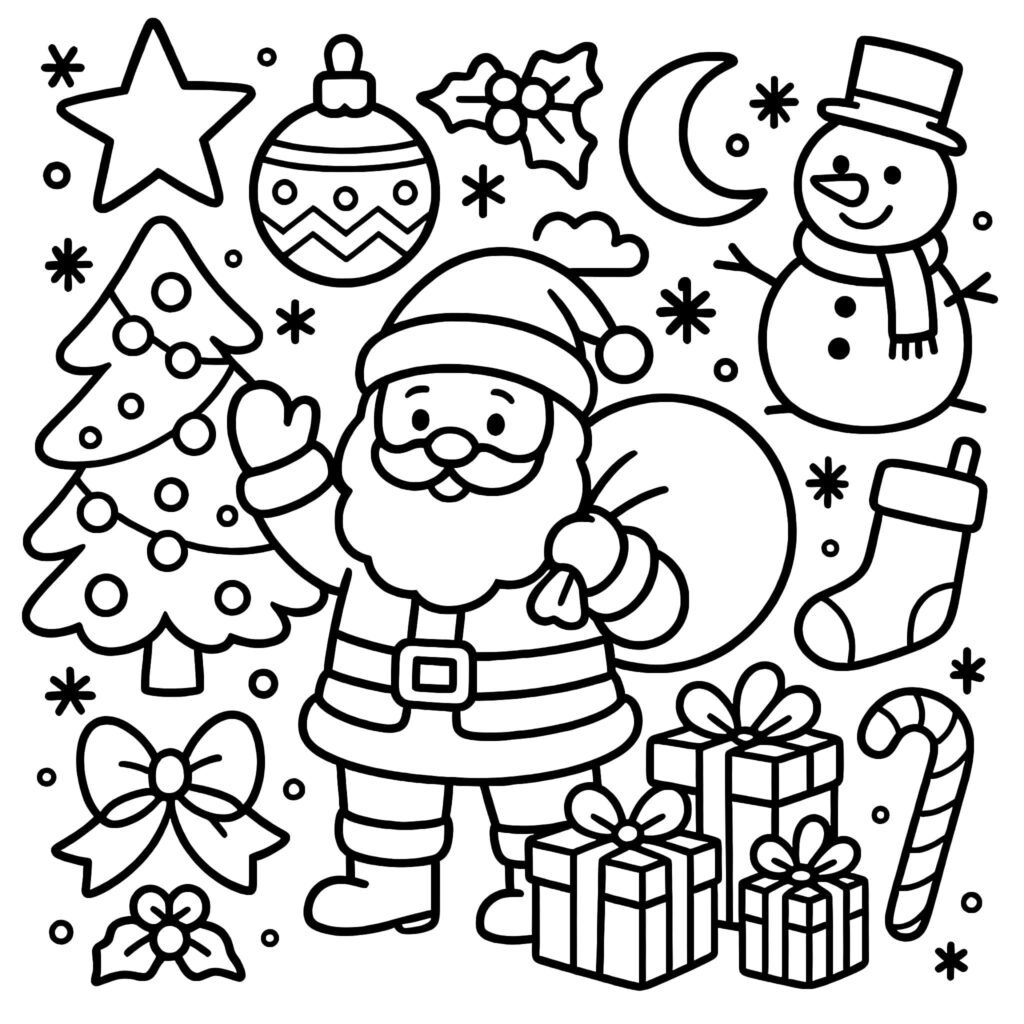 Christmas Coloring Page for Preschoolers Colorful Christmas scene with Santa, tree, and decorations for preschool coloring activity