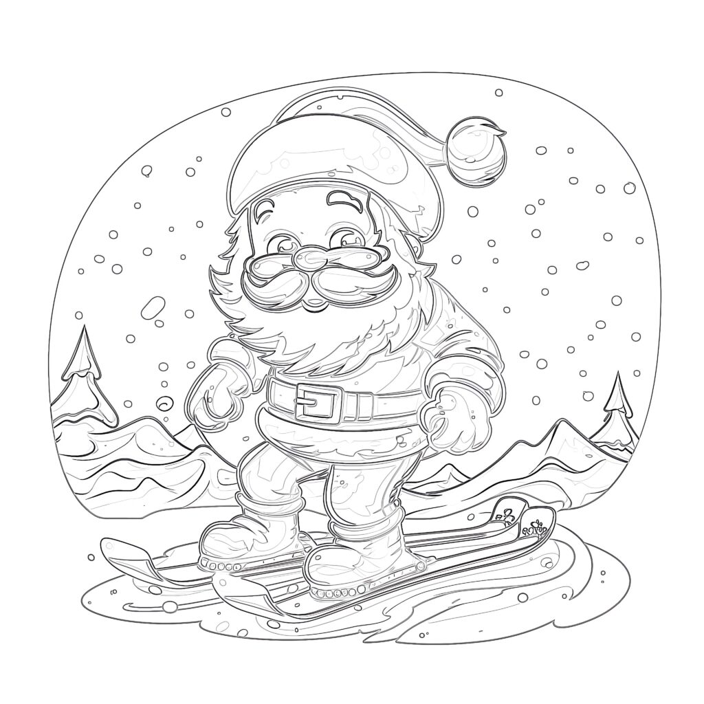 Fun Christmas coloring page of Santa Claus skiing in a winter landscape
