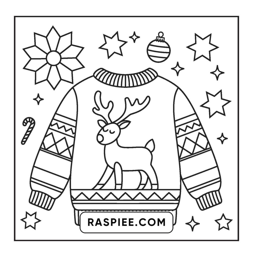 Christmas Colouring Pictures To Print – Cozy Sweater Design Free printable Christmas Colouring Pictures To Print featuring a cozy sweater with a reindeer design