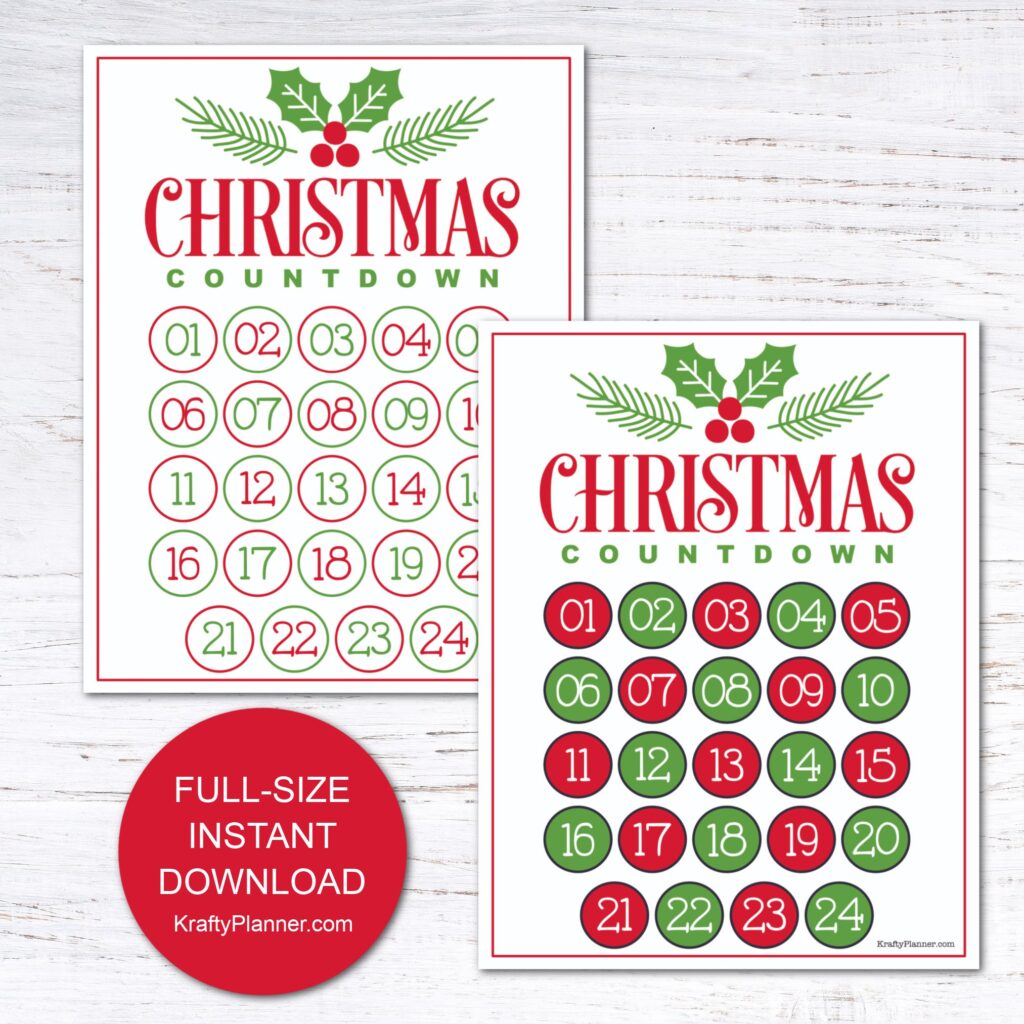 Christmas Countdown Advent Calendar Free Printable Christmas countdown advent calendar printable with numbered days
