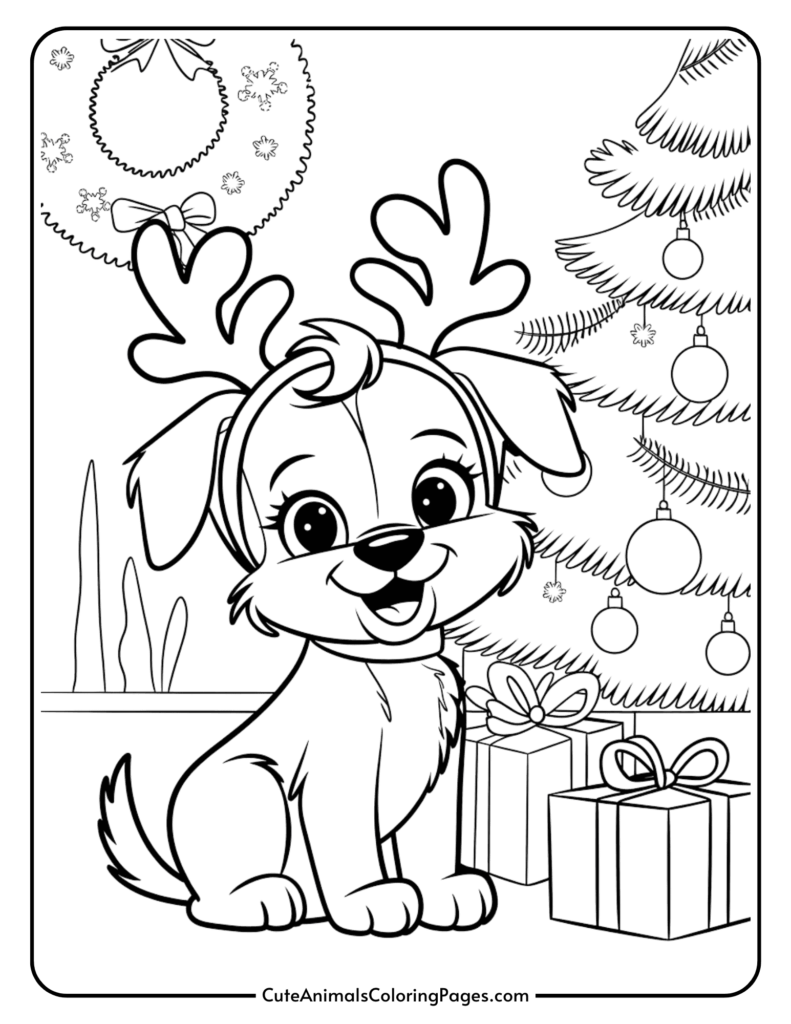 Christmas Dog Coloring Pages – Fun Holiday Printable Festive dog coloring page with reindeer antlers and Christmas decorations