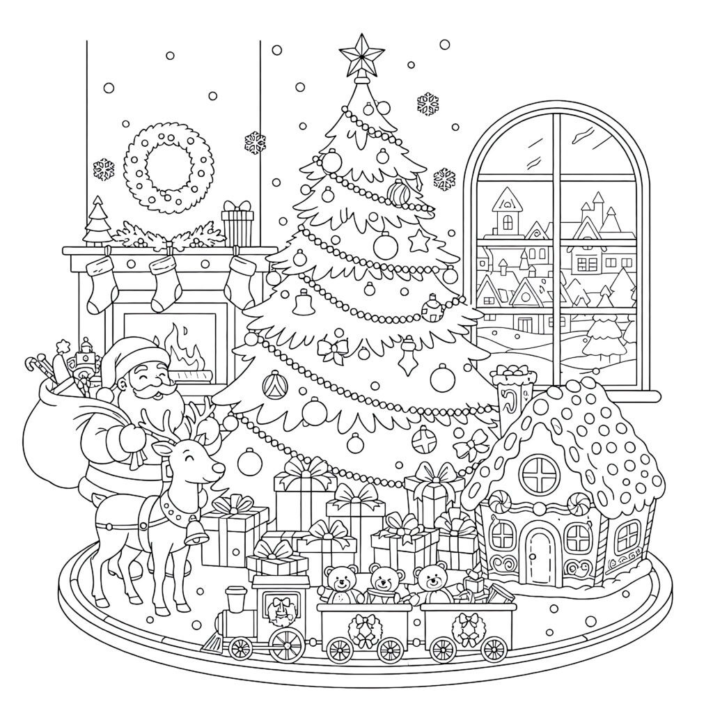 Santa Claus with a reindeer and a decorated Christmas tree surrounded by gifts