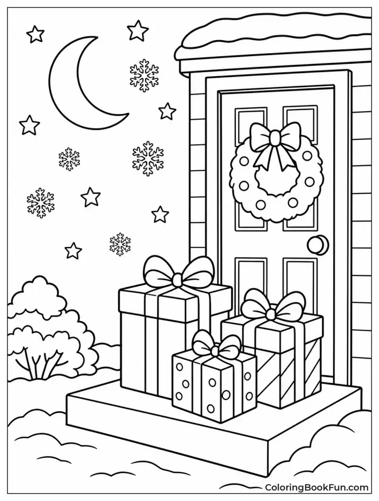 Christmas Gifts Coloring Pages Printable featuring beautifully wrapped presents on a snowy doorstep