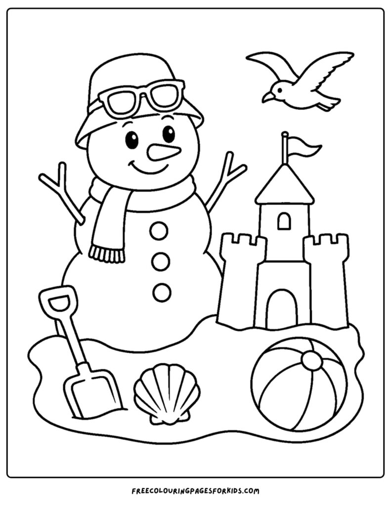 Coloring page of a cheerful snowman with a beach ball and sandcastle