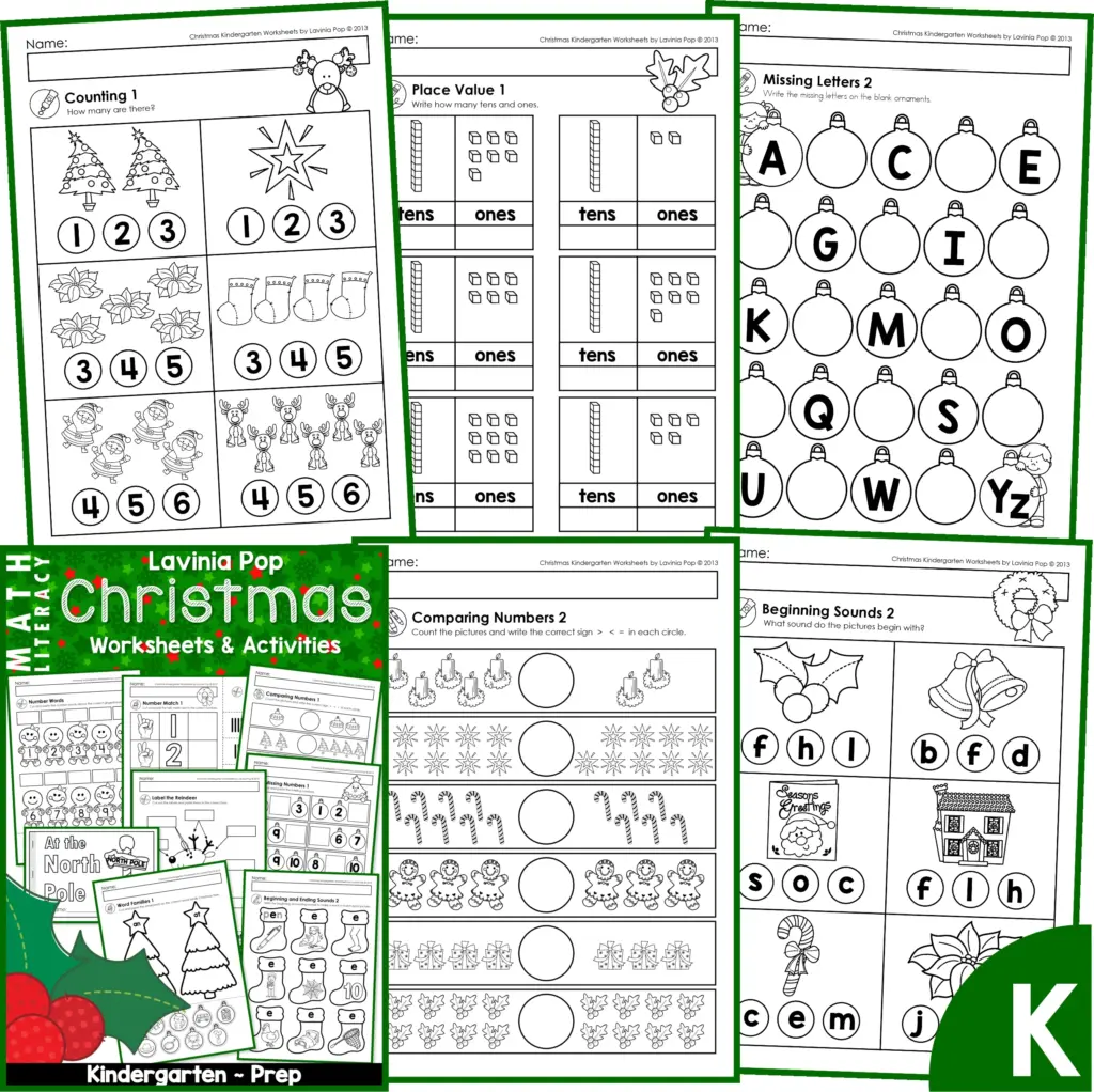 Christmas Kindergarten Worksheets and Activities – No Prep Colorful Christmas-themed worksheets for kindergarten with various activities