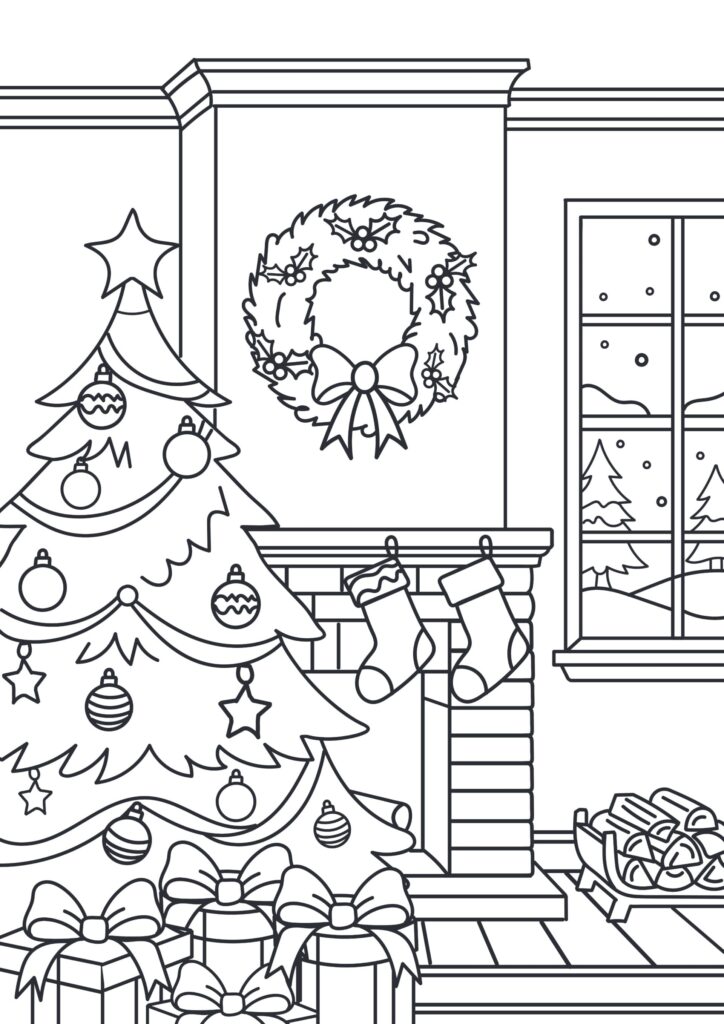 Free Christmas Living Room Coloring Page featuring a decorated tree and festive wreath