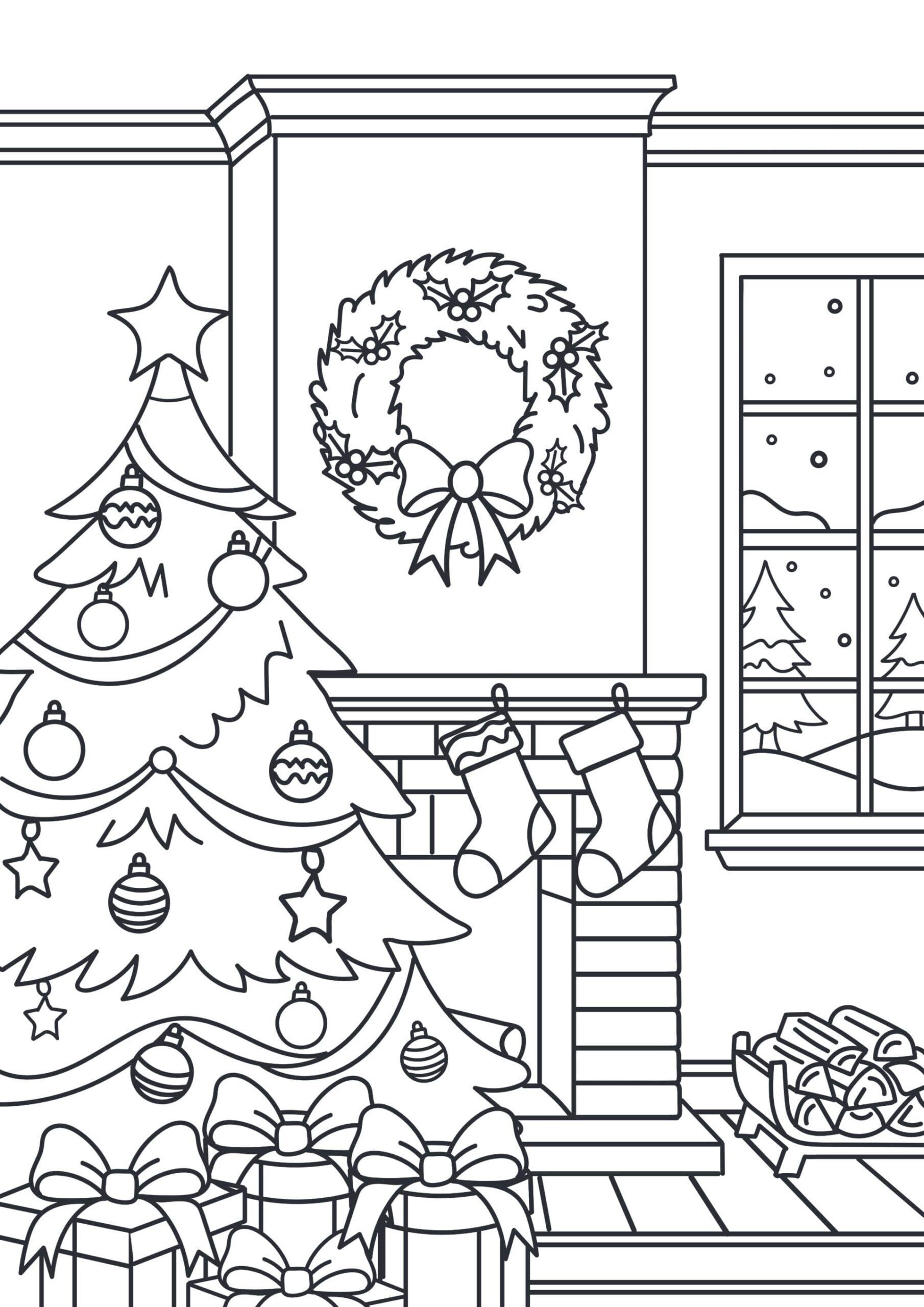 Free Christmas Living Room Coloring Page featuring a decorated tree and festive wreath