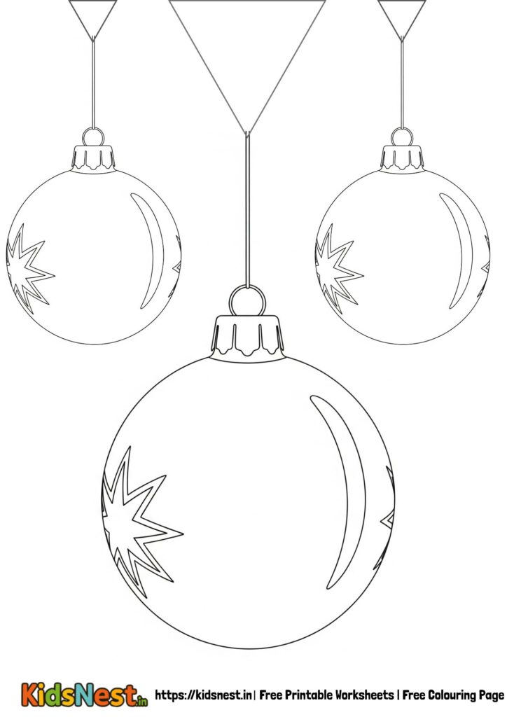 Simple Christmas ornament colouring page with three hanging ornaments