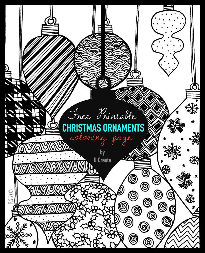 Colorful Christmas ornaments coloring page filled with various decorative patterns