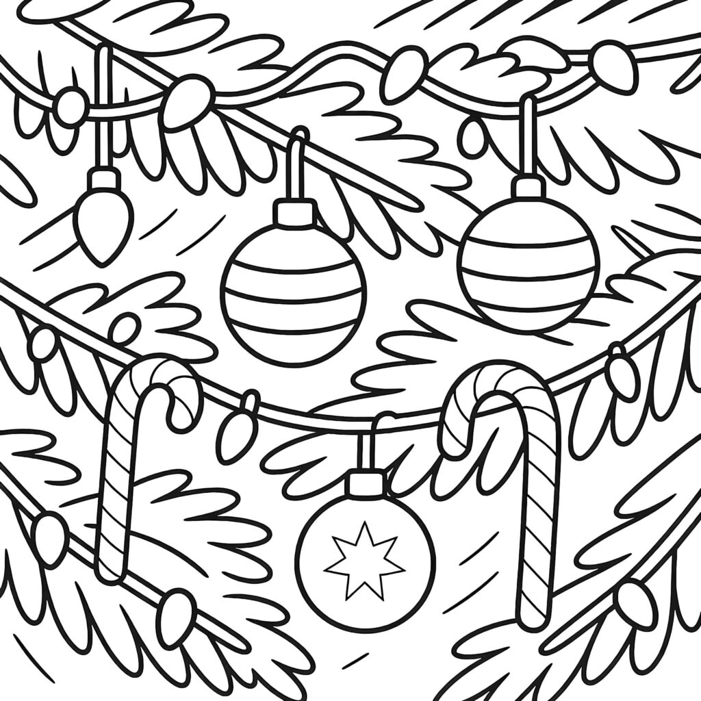 Christmas Pics To Color And Print - Free printable Christmas tree coloring page featuring ornaments and candy canes for kids