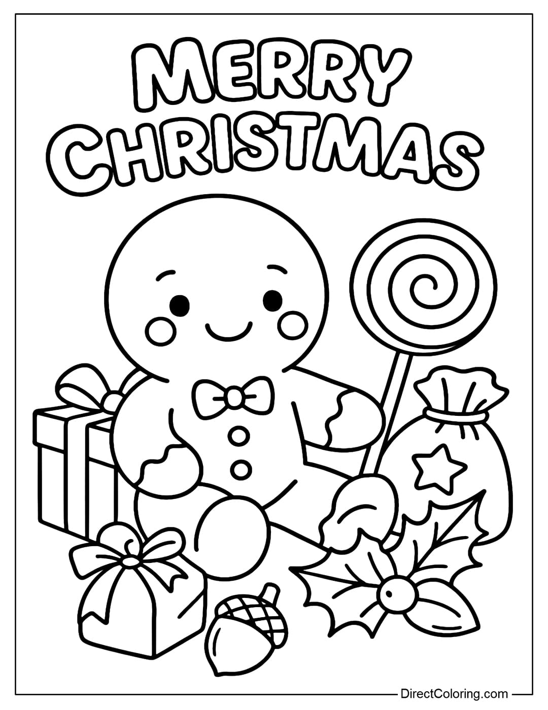 Christmas Pictures Images To Color - Cute gingerbread man with gifts and candy cane in Christmas Pictures s To Color