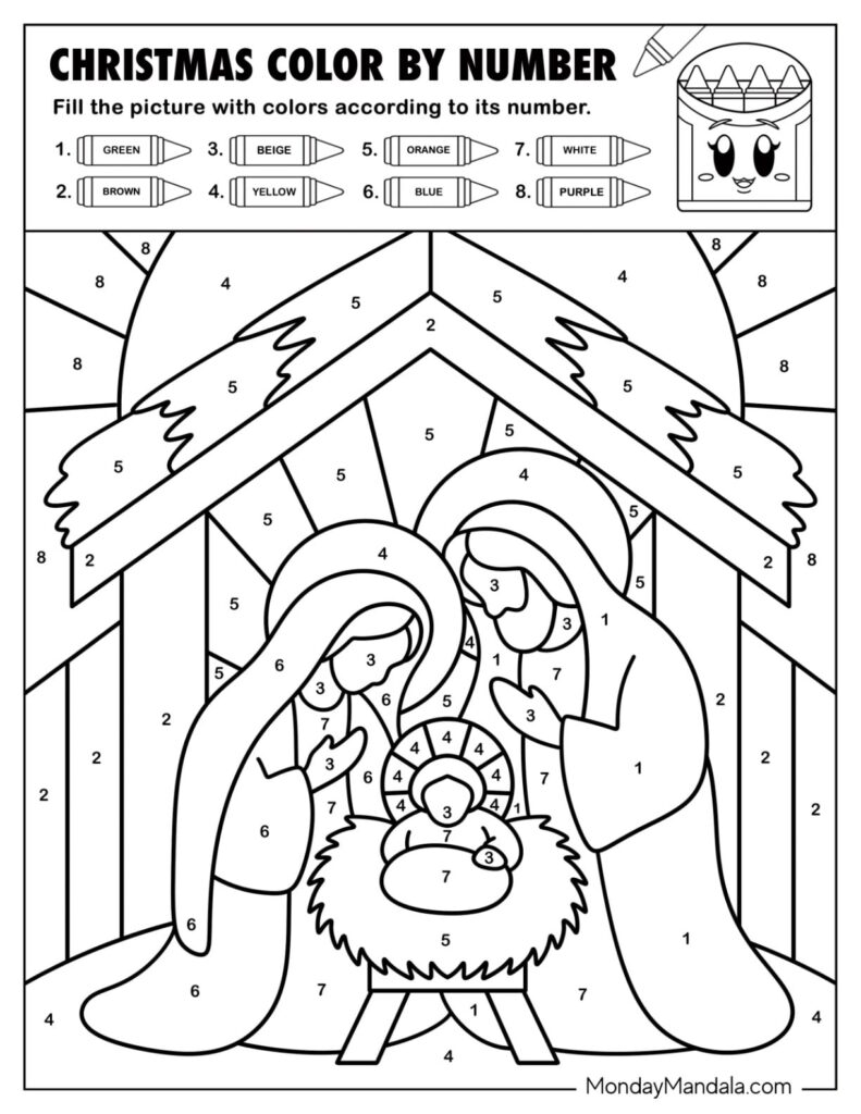 Free printable Christmas Pictures To Color By Number featuring a nativity scene for kids to color