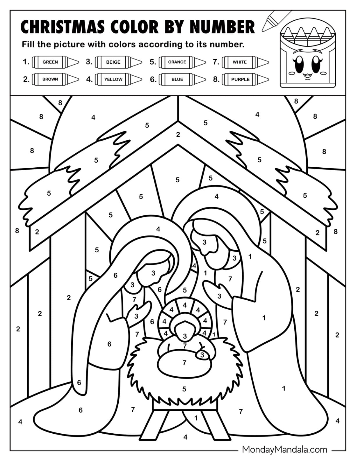 Free printable Christmas Pictures To Color By Number featuring a nativity scene for kids to color