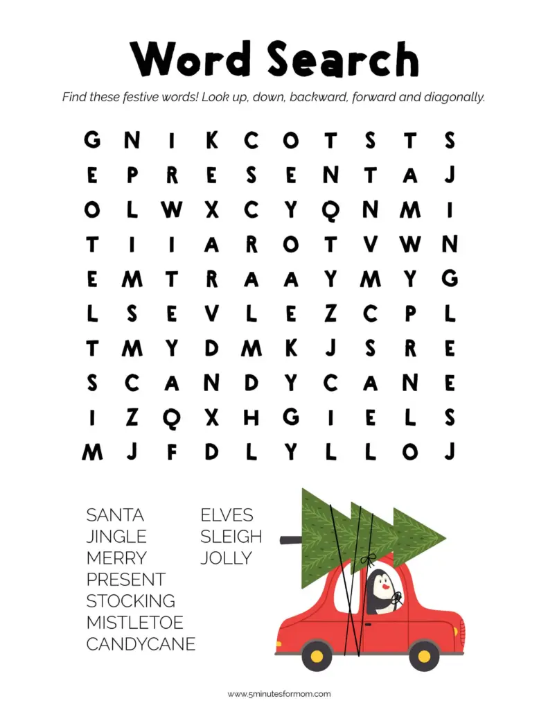 Christmas printable activities featuring a festive word search with holiday words