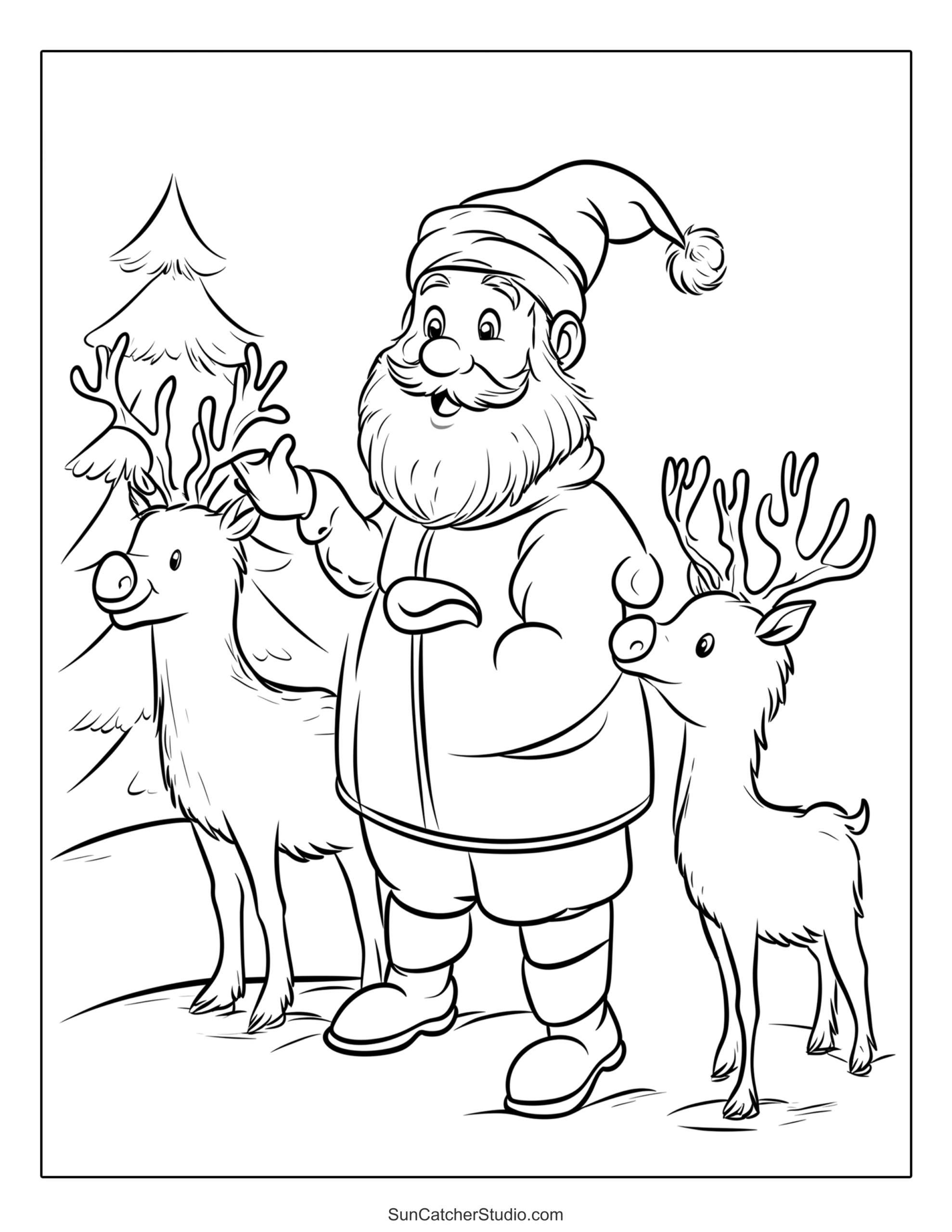 Santa Claus with two reindeer in a snowy landscape, perfect for Christmas Printable Coloring Pages For Adults
