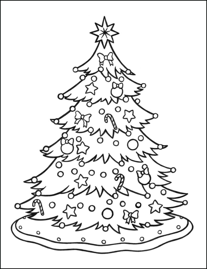 Christmas Tree Coloring Page for Kids A beautifully decorated Christmas tree coloring page with ornaments and candy canes