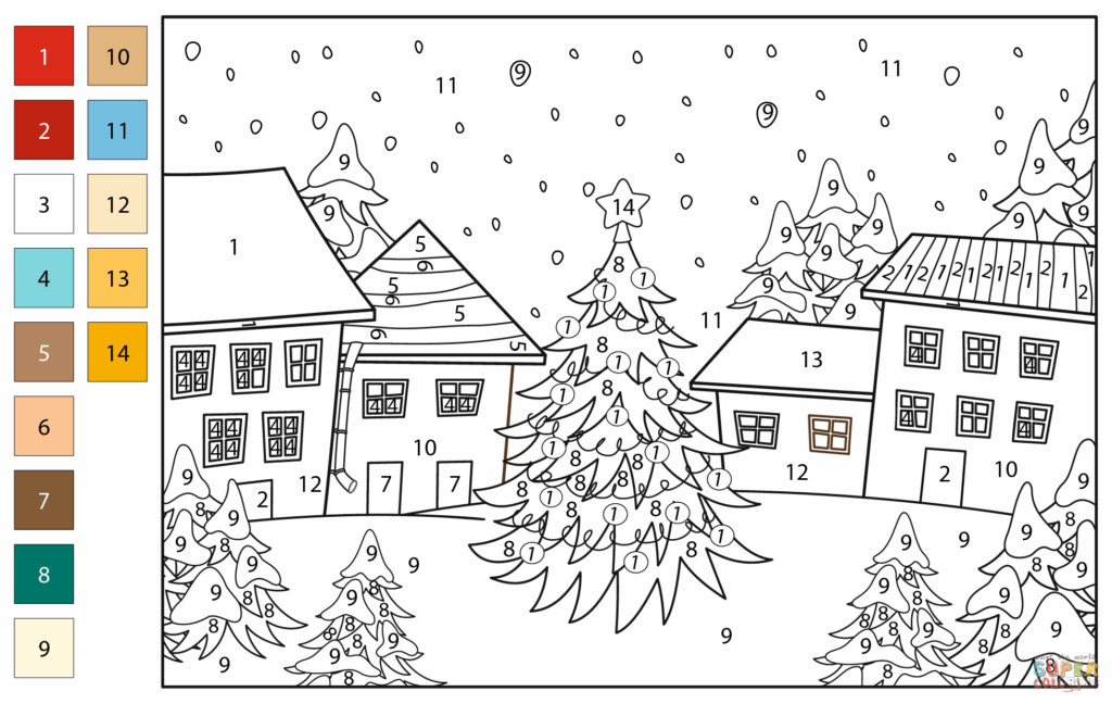 Christmas Village Color By Number Printable Color by number printable of a snowy Christmas village with trees and houses