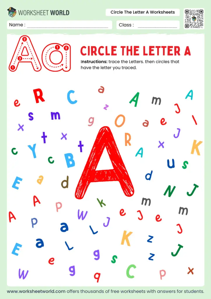 Free printable Circle the Letter A worksheet for preschoolers with colorful letters