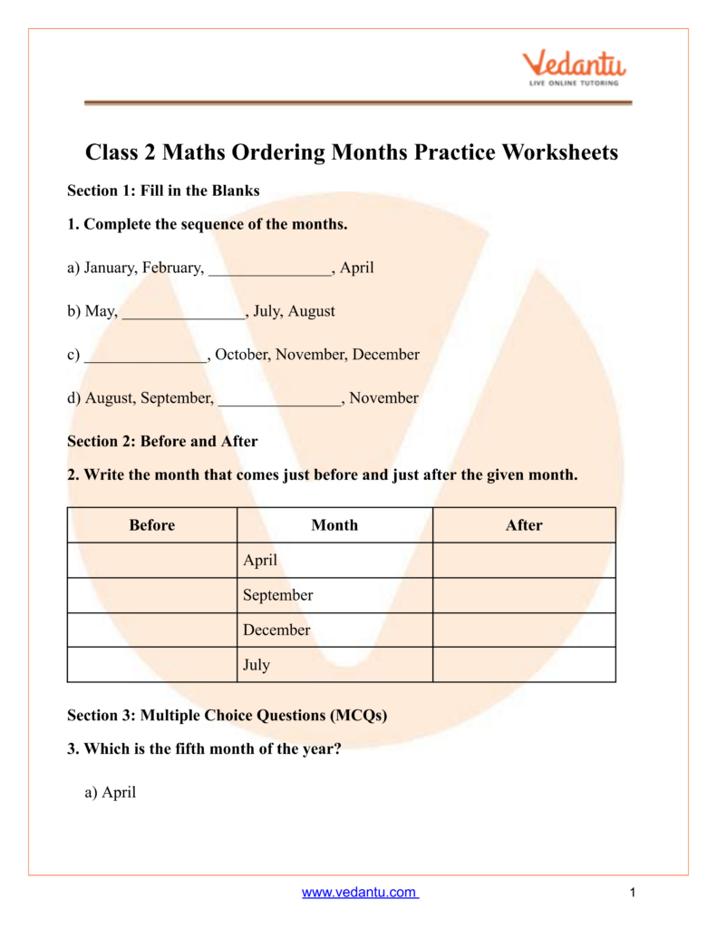 Practice worksheet for Class 2 on ordering the months of the year