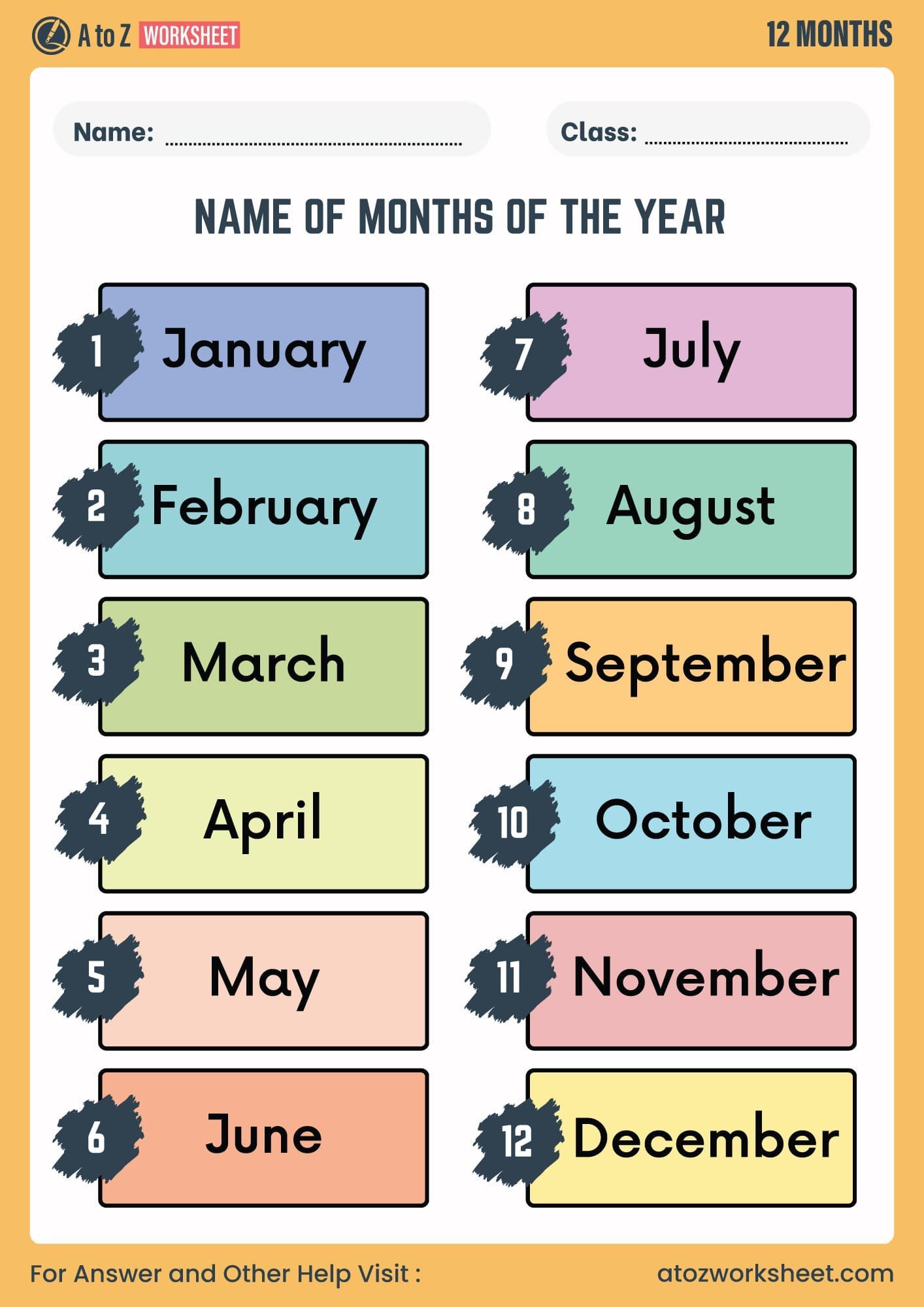 Classroom Months Of The Year Printables - Colorful months of the year worksheet for classroom use featuring all twelve months