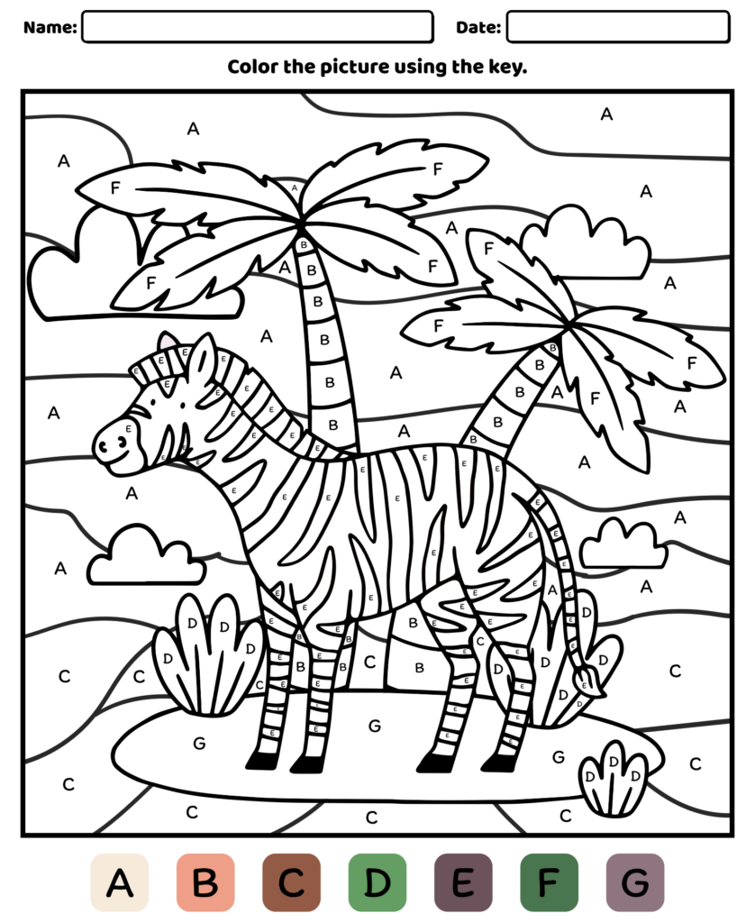 Engaging Color By Letter Free Printables featuring a zebra and palm trees for kids to color