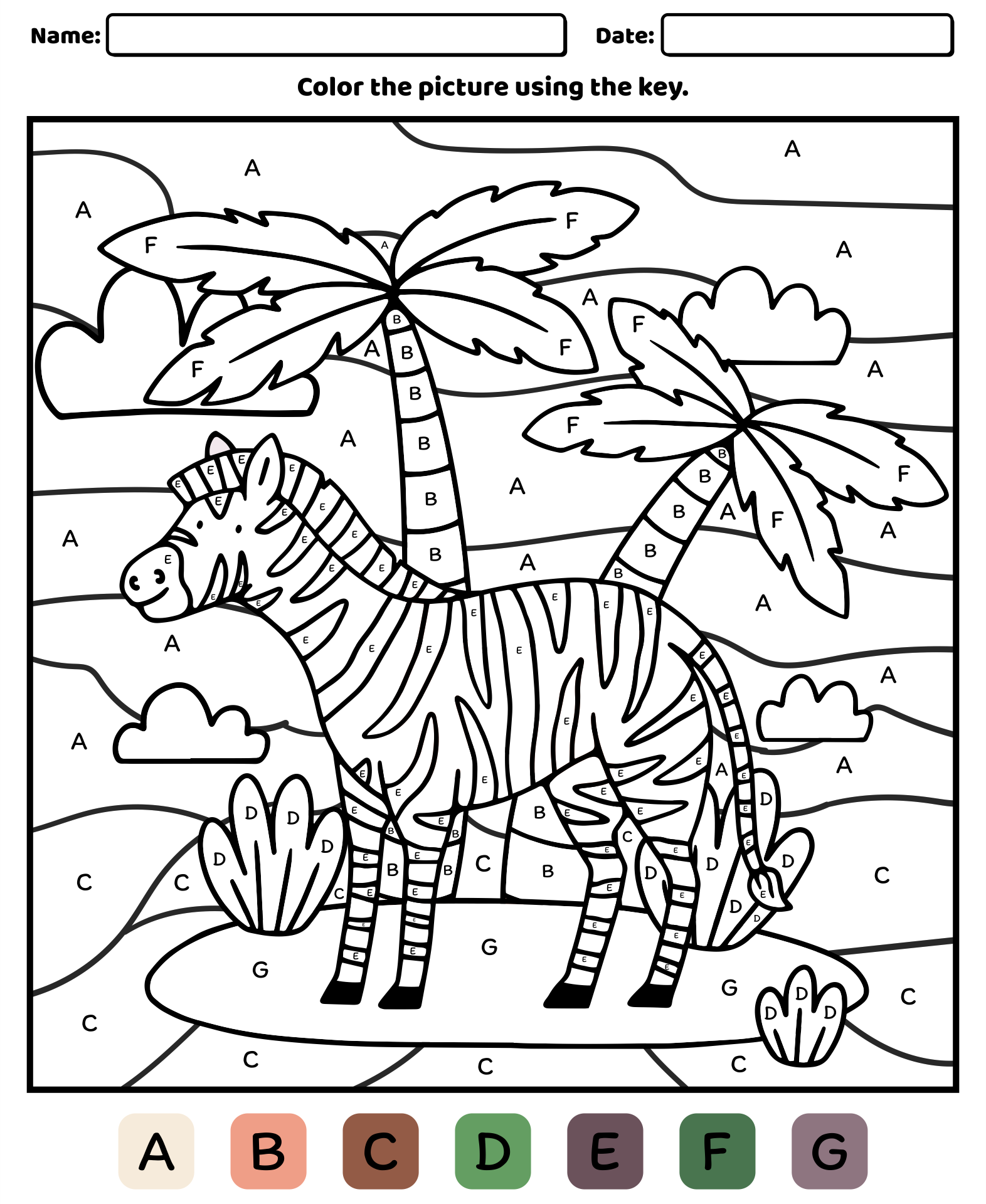Engaging Color By Letter Free Printables featuring a zebra and palm trees for kids to color