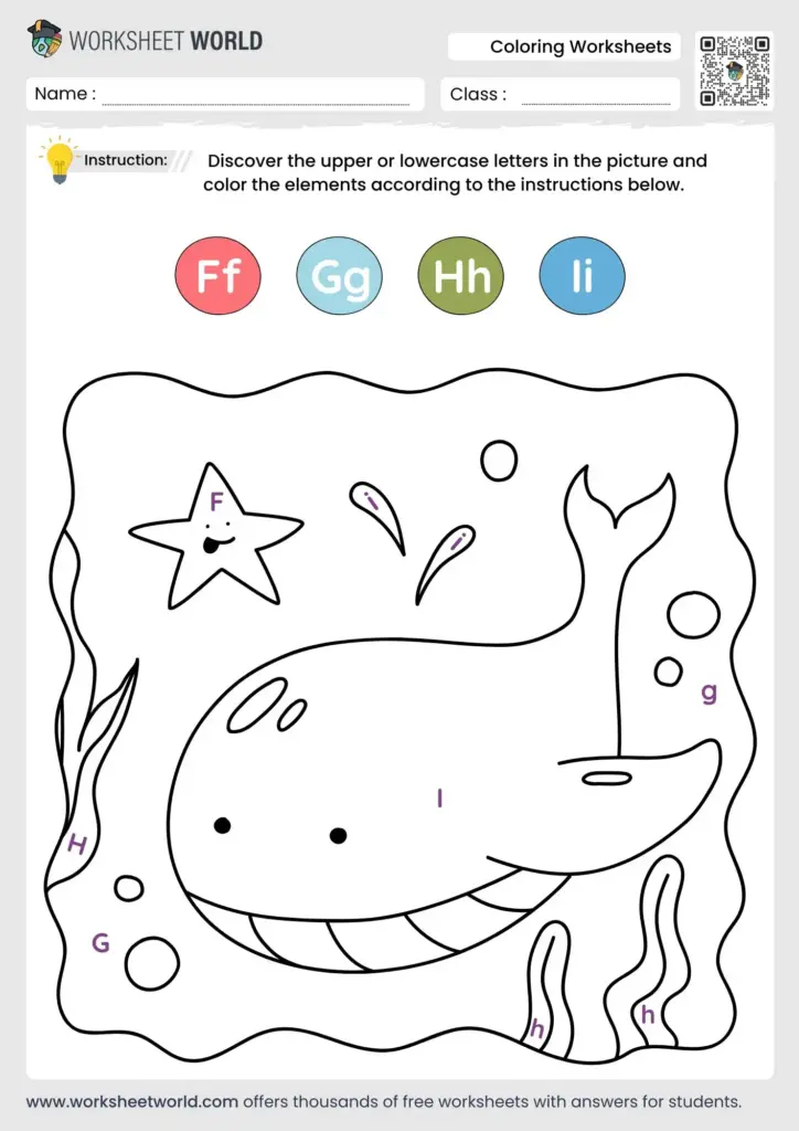 Interactive color by letter worksheet with a whale and sea creatures for kids