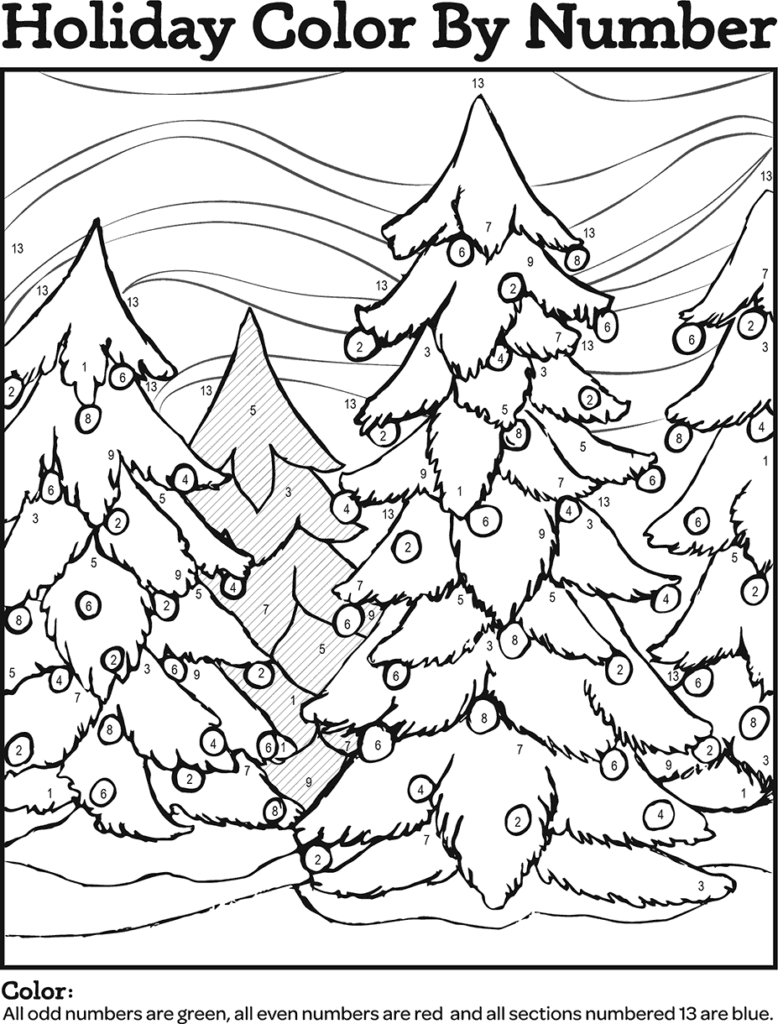 Color By Number worksheet depicting holiday-themed trees for kids to color